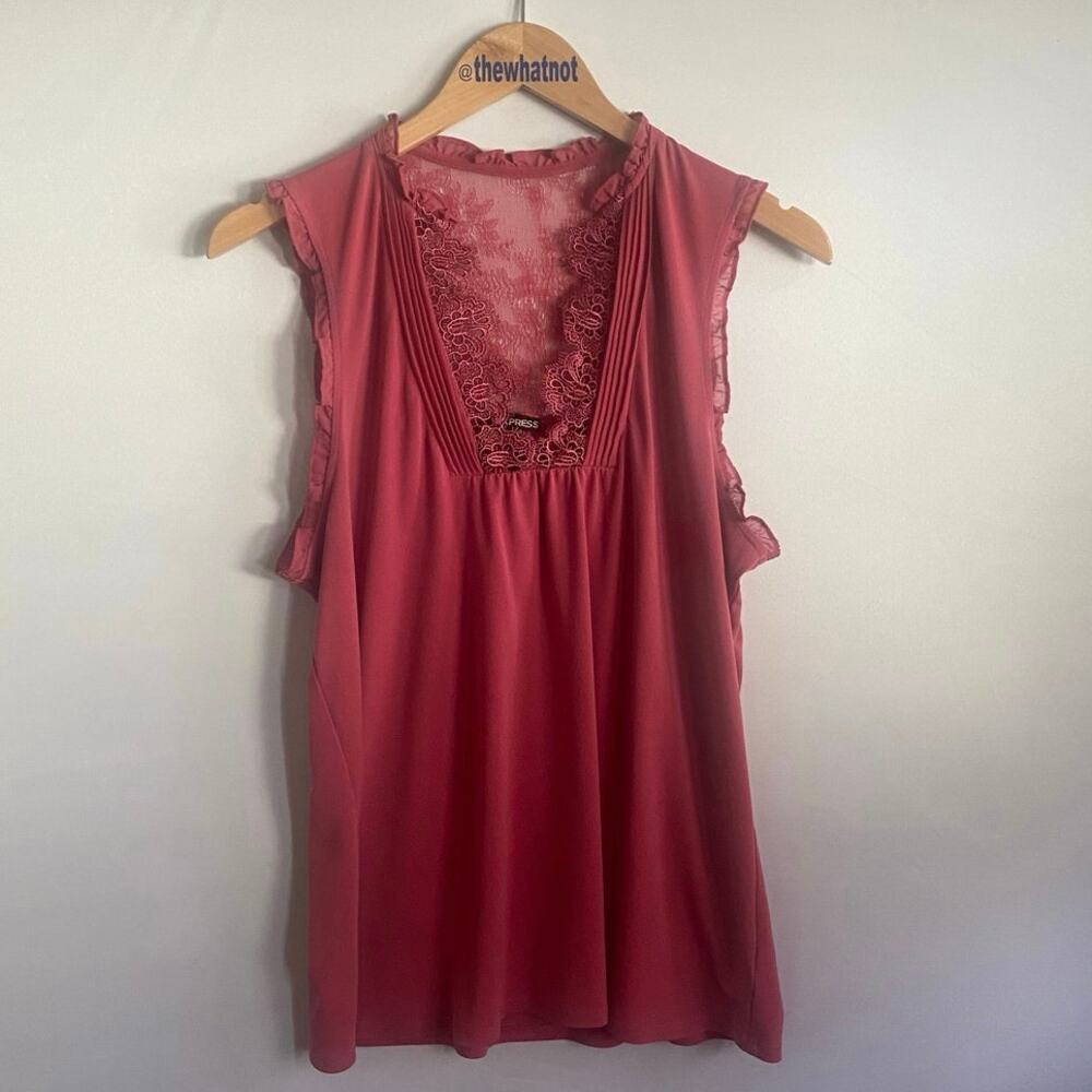 Express Pintuck Blouse Size L Rose Pink Deep V-neck Ruffle Top Dainty Soft Girl
